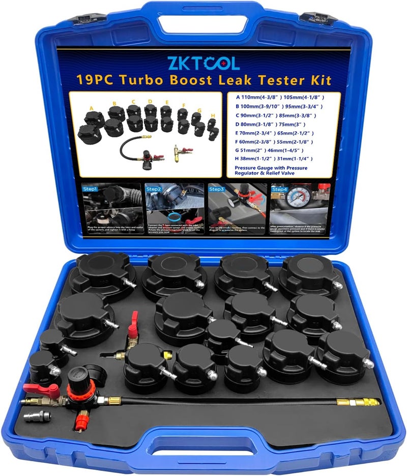 ZKTOOL 19PC Turbo System Leakage Tester Kit, Turbo Boost Leak Tester Set with 8 Pairs of Stepped Adapters 1-1/4” to 4-3/8", Turbo Pressure Leakage Tester for Cooling Emissions Exhaust Pipes - Image 1